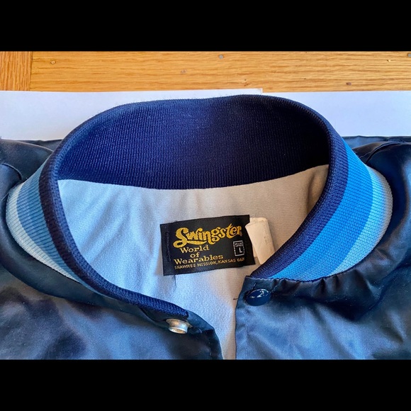 VNTG 80s Bandag Swingster Dark Blue Satin Jacket - Picture 3 of 5